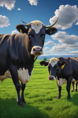 Write a peaceful poem about a serene cattle dairy farm.,horned cows,holstein cattle,oxen,cows on pasture,two cows,cows,galloway cattle,moo,beef cattle,dairy cows,simmental cattle,domestic cattle,ears 