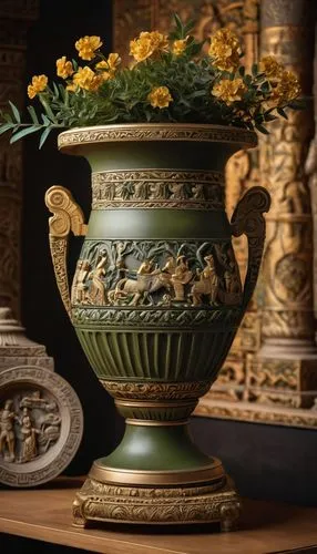 Ancient Greek-inspired architectural pottery, ornate vases, intricately carved stone-like texture, earthy tone, olive green glaze, golden accents, mythological scenes, gods and goddesses, floral patte