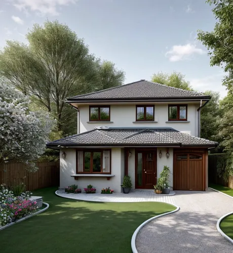 Small Single storey house,  circular garage,  small swimming pool and green grass. Flowers are blooming in the garden. Background is hard fork.,turf roof,garden elevation,modern house,3d rendering,mid