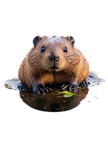 Beaver, cute face, wet fur, brown eyes, small nose, flat tail, paws, water droplets, aquatic plants, morning sunlight, shallow focus, warm color tone, 3/4 composition, cinematic lighting.,a beaver sit