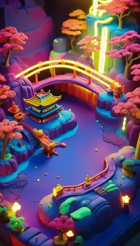 robots, tokyo, neon, japan,shaolin temple, city neon, cyberpunk ,fantasy world,rainbow world map,mini golf course,figment,3d fantasy,candyland,microworlds,3D,Clay