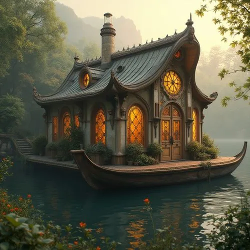 houseboat,house with lake,house by the water,boat house,boathouse,summer cottage,houseboats,floating huts,fisherman's house,cottage,wooden house,house in the forest,boat landscape,house of the sea,small cabin,ancient house,dreamhouse,little house,summer house,fantasy picture,Photography,General,Realistic