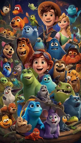 Compose an adventurous Disney wallpaper showcasing Disney Pixar characters.,toy's story,frog gathering,toy story,people characters,playmat,disney,characters,troop,children's background,monster's inc,s