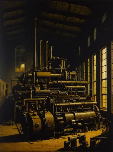 Describe a dimly lit factory hall where old machinery hums.,steam locomotives,boilermaker,tank cars,locomotives,steam power,the boiler room,machinery,steel mill,steam engine,locomotive roundhouse,elec