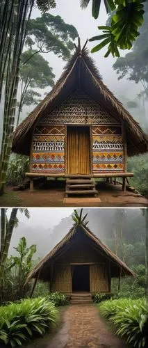 Traditional indigenous hut, tribal patterns, woven bamboo walls, thatched roof, wooden door, intricate carvings, colorful textiles, natural surroundings, lush green forest, misty atmosphere, soft warm