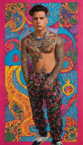 man in pink,magazine cover,latino,bandana background,punk,rug,flea,mexican calendar,matador,camo,art book,tapestry,sarong,carpet,mat,magazine - publication,flowered tie,booklet,floral rangoli,pink background,Conceptual Art,Oil color,Oil Color 14