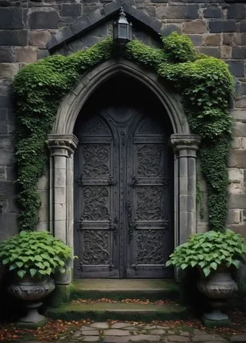 Ancient, majestic architectural building, stone rockville, grandiose entrance, ornate carvings, Gothic style, medieval atmosphere, moss-covered walls, ivy climbing up, rustic wooden door, heavy iron h