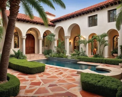 Modern villa, Wallace Neff style, luxury residence, Mediterranean Revival architecture, grand entrance, arched windows, stucco exterior, red clay roof tiles, ornate wooden doors, lush greenery, palm t