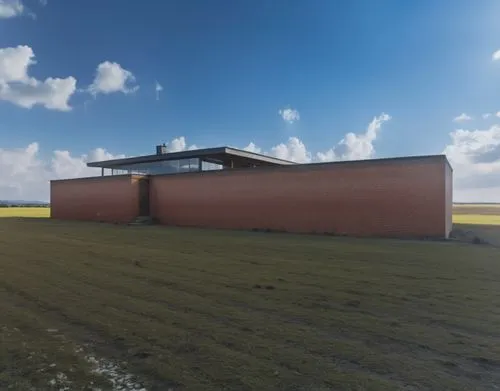 a brick building sits in the middle of a grassy field,windschuttle,360 ° panorama,3d rendering,neuengamme,grain field panorama,noordoostpolder,dunes house,rubjerg knude lighthouse,elvington,westerheve