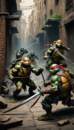 teenage mutant ninja turtles,trachemys,turtles,raphael,stacked turtles,sound studo,bruges fighters,clash,michelangelo,massively multiplayer online role-playing game,fighting poses,sparring,skirmish,gladiators,trachemys scripta,game art,digital compositing,running frog,frog background,martial arts,Art,Classical Oil Painting,Classical Oil Painting 35