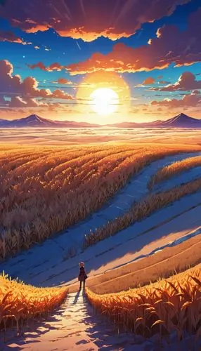 wheat field,wheatfield,wheat fields,wheatfields,straw field,landscape background,Illustration,Japanese style,Japanese Style 03