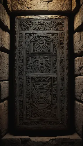 Write a dark and mysterious story involving a 'muru' artifact found in an ancient tomb.,wooden door,dark cabinetry,carved wall,iron door,wooden mockup,antique background,druid stone,the door,carved wo