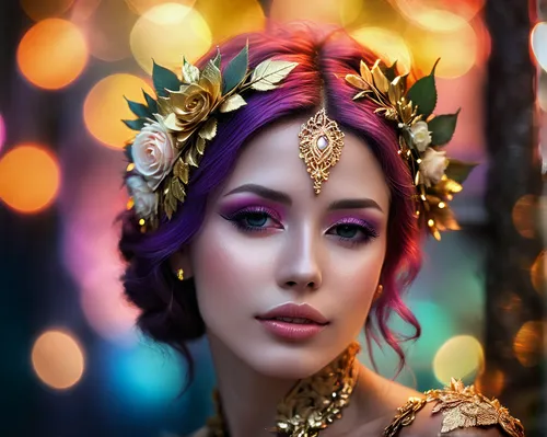 oriental princess,fantasy portrait,golden wreath,faery,fairy queen,headdress,adornments,cleopatra,mystical portrait of a girl,headpiece,faerie,violet head elf,golden crown,girl in a wreath,gold crown,romantic portrait,diadem,vietnamese woman,gold and purple,gold foil crown,Photography,Artistic Photography,Artistic Photography 08