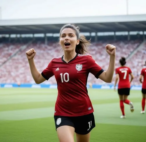 Same person wearing soccer cleats, soccer socks, soccer pants, bra. She scored a goal on a soccer pitch and celebrating by holding her soccer jersey in her hand. she is running up the pitch near the c