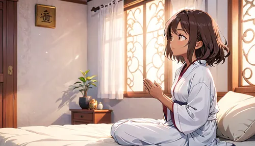 girl praying,japanese-style room,hanbok,kimonos,kimono,meditating,honmei choco,tea zen,girl sitting,meditation,bathrobe,zen,aonori,sensei,ryokan,relaxed young girl,meditative,shirakami-sanchi,worried girl,asia,Anime,Anime,Traditional