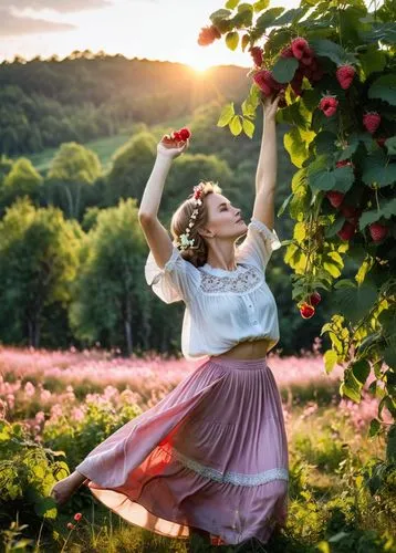 girl in flowers,ballerina in the woods,woman eating apple,girl picking apples,eurythmy,apple orchard,Photography,General,Realistic