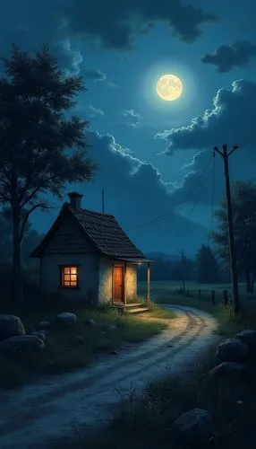 night scene,lonely house,home landscape,moonlit night,cartoon video game background,little house,Photography,General,Realistic