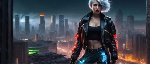 Aia Axa, futuristic cyborg, female, athletic build, metallic limbs, glowing blue circuits, short silver hair, piercing green eyes, bold eyebrows, red lipstick, black leather jacket, torn jeans, heavy 