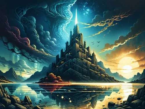 fantasy castle surrounded by night and stars over water,fantasy landscape,fantasy picture,fantasy art,3d fantasy,dragonstone,metavolcanic,Illustration,Realistic Fantasy,Realistic Fantasy 25