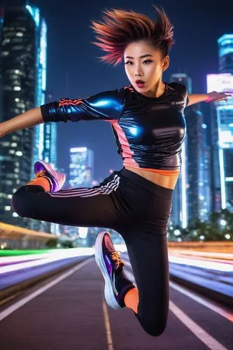 Juicy Aero, sporty young woman, 18-22 years old, athletic physique, short spiky hair, bold eyeliner, glossy lips, tight aerobics outfit, shiny sports shoes, dynamic pose, jumping, flying, movement lin