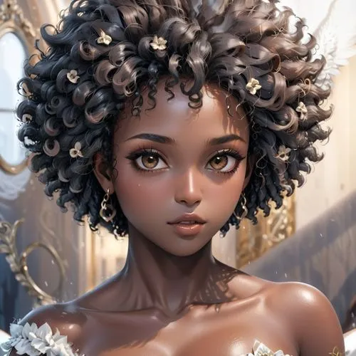 sexy, dark skin, big boobs, Khoudia Diop, big kinky afro hair, nude, inside hotel rool, angel's breath decoration on hair,brown eyes, very dark skin,a female is wearing large ids and a bridal hairstyl