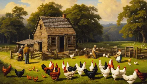 Feeding the Chickens Painting by William Edward Millner - Feeding the Chickens Fine Art Prints and Posters for Sale,chicken yard,chicken farm,chicken coop,a chicken coop,flock of chickens,backyard chi