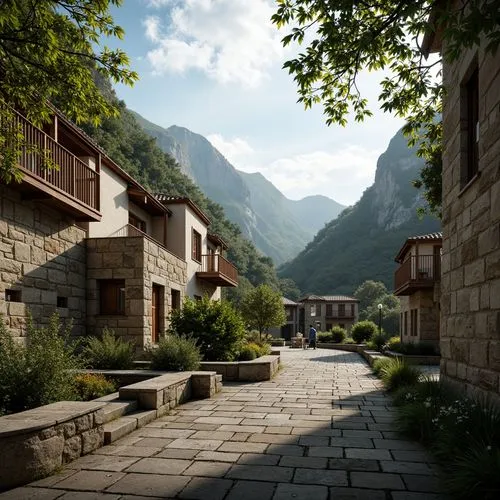 Serene mountain landscape, misty valleys, ancient monastery architecture, rustic stone walls, intricate carvings, wooden accents, lush greenery, overhanging trees, winding pathways, natural stone step