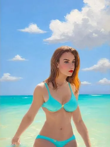 the painting depicts a vibrant and graceful caucasian girl with a brown beard, black hair, red lips, and a sleek black bikini. She stands in the middle of the water, surrounded by the peaceful waves, 