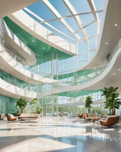 Modern hospital building, futuristic architecture, sleek lines, angular structure, large glass windows, silver metallic frames, white walls with subtle texture, intricate LED lighting system, grand en