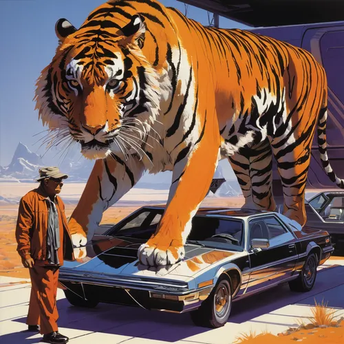 muscle car cartoon,tigers,car dealer,big cat,testarossa,car dealership,car service,general lee,car mechanic,big cats,car repair,sci fiction illustration,desert safari,jeep wagoneer,truck stop,dodge charger daytona,auto repair shop,ford cougar,big car,tiger,Conceptual Art,Sci-Fi,Sci-Fi 23