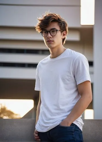 Young male student, 1-year master's in architecture, casual posture, black-framed glasses, messy brown hair, no makeup, plain white T-shirt, dark blue jeans, sneakers, holding a large architectural mo