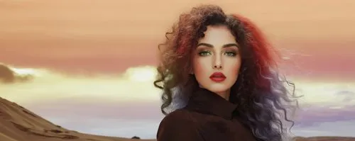 
 nude Beautiful arab girl, full dark curly hair, big green eyes, full red lips, misty sky,a painting of a woman standing in the desert,gothel,mervat,melisandre,ahlam,miss circassian,hande,Photography