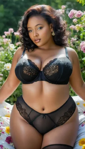 a young woman smiling while turning around to camera,a woman in lingerie and panties laying on flower petals,beautiful african american women,lbbw,curvaceous,bbw,african american woman,titterrell