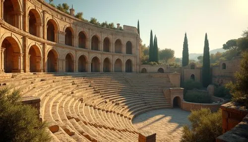 Ancient Roman amphitheater, grandiose architecture, sandstone walls, weathered texture, intricate carvings, ornate columns, arches, seating areas, stairs, vibrant Mediterranean vegetation, olive trees