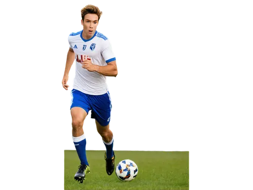 Male soccer player, athletic build, dynamic pose, running with ball, sweaty face, messy short hair, determined expression, white jersey, blue shorts, soccer cleats, grassy field, sunny day, low-angle 