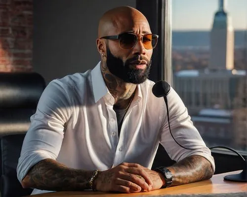 Joe Budden, podcast host, mature man, (40yo), detailed beard, casual hairstyle, glasses, white shirt, black jeans, sneakers, microphone, headphones, sitting, relaxed posture, indoor studio setting, wo