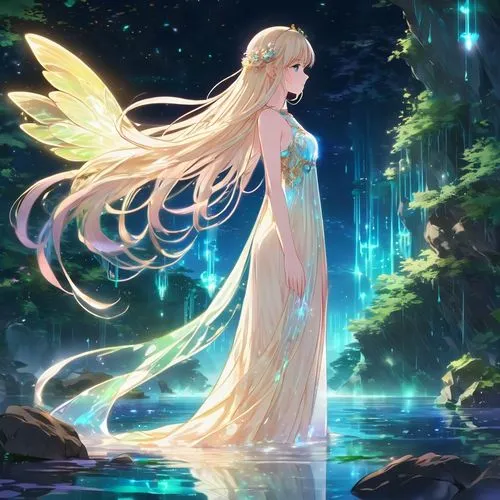 Visualize a (((heavenly paradise))), with a (((glowing river))) that mirrors the (((sky above))), where a (((pretty lady))) stands, dressed in a (((bioluminescent translucent dress))), her skin as (((