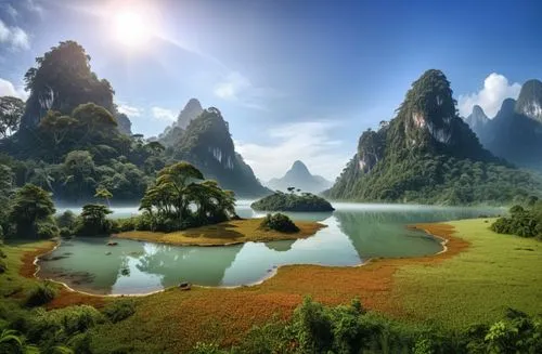 an artist's impression of a green mountain, lake and landscape,landscape background,nature background,background view nature,mountainous landscape,karst landscape,beautiful landscape,Photography,Gener