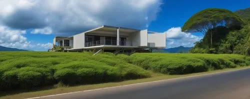 street view tropical forest mounthen background bluesky,tropical house,home landscape,modern house,3d rendering,dunes house,holiday villa,landscape background,mid century house,house in mountains,resi