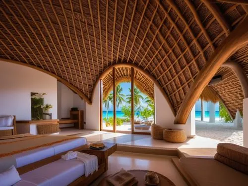 THATCHED ROOF MALDIVES LUXURIOUS RESORT ON BEACHFRONT WITH SAND , THATCHED ROOF FINISH, 8k ultra realistic,vaulted ceiling,mustique,amanresorts,clerestory,wooden beams,tropical house,over water bungal