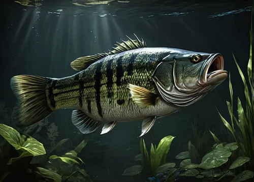 large-mouth bass, Resident Evil 4, detailed scales, glistening wet skin, underwater scene, murky water, aquatic plants, Leon S. Kennedy fishing, tense atmosphere, survival horror game, dim light, eeri