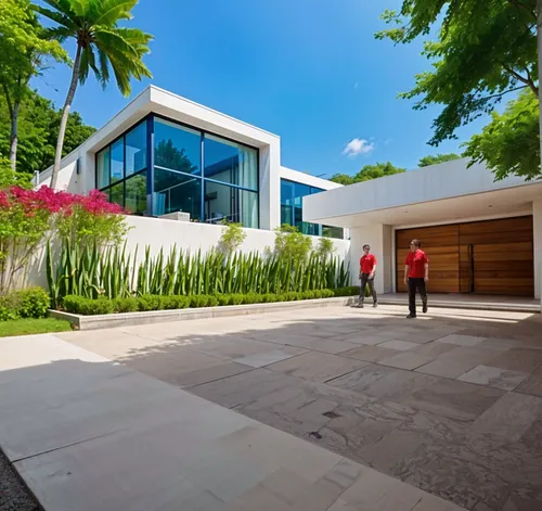 a couple of people that are standing by some doors,prefab,piramal,mayakoba,tropical house,florida home,primerica