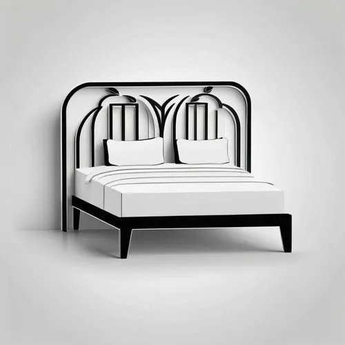 Design a 3D logo featuring a bed with the word 'BEDROOM' underneath, using simple black and white lines. The logo should be minimalistic with clean, clear lines, and should effectively use 3D elements