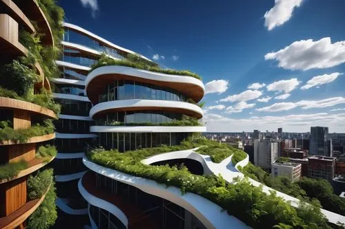 futuristic architecture,sky apartment,terraformed,interlace,arcology,ecotopia,bjarke,residential tower,urban design,penthouses,urban development,escala,europan,futuristic landscape,roof landscape,redevelop,modern architecture,nanterre,balcony garden,liveability,Illustration,Realistic Fantasy,Realistic Fantasy 04