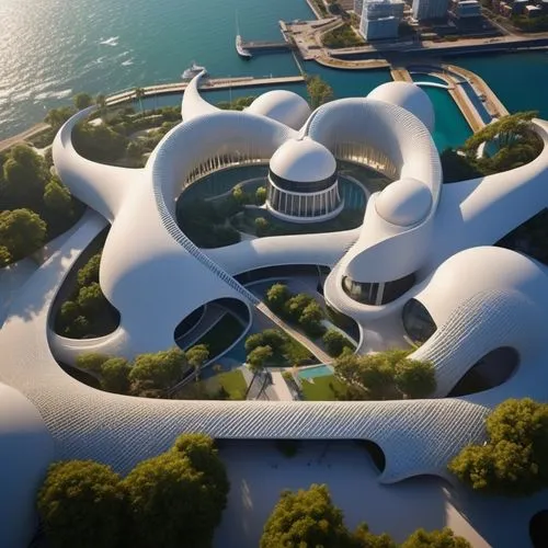 Human buildings create shapes beyond imagination. The atmosphere, sky, weather, and surface of Sea have clearly visible signs with the building's name written on P O T E.  on roof,futuristic architect