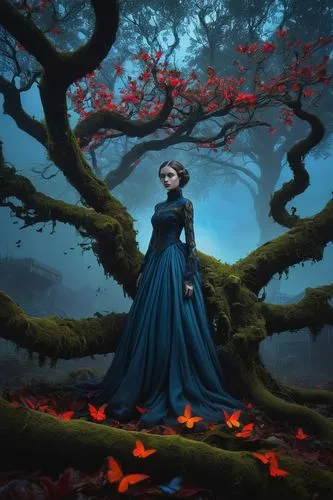 fantasy picture,margairaz,girl with tree,blue enchantress,fantasy portrait,fantasy art,persephone,margaery,fantasia,world digital painting,volturi,melisandre,fairy tale character,fairy tale,cinderella,beltane,a fairy tale,matriarch,isoline,rusalka,Illustration,Realistic Fantasy,Realistic Fantasy 17