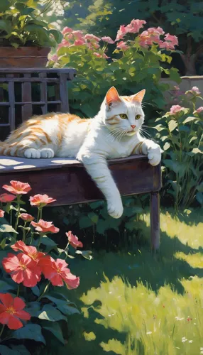 Write a nostalgic poem about vintage cats lounging in sunlit gardens.,cat resting,flower cat,basking,cat portrait,calico cat,pet portrait,american curl,sleeping cat,garden bench,sun-bathing,cat,stray 