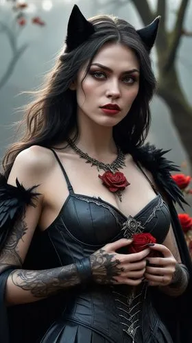 Create a hyper-realistic image of a female gothic character standing in a dark and mysterious landscape. She is wearing a revealing black leather outfit with intricate straps, highlighting her seducti