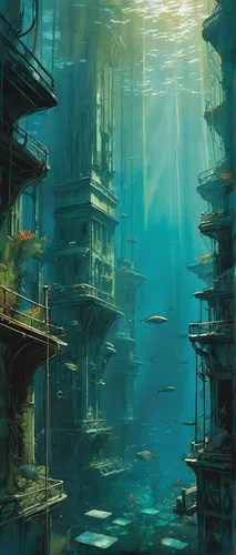 underwater landscape,underwater oasis,ancient city,artificial island,underwater playground,submerged,futuristic landscape,underwater background,imperial shores,aqua studio,artificial islands,cube sea,floating huts,fantasy city,docks,harbor,shallows,floating islands,atlantis,pillars,Illustration,Paper based,Paper Based 05