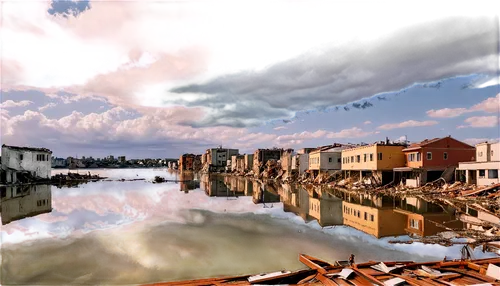 gowanus,anacostia,stereoscopic,photosphere,destroyed city,seveso,chioggia,inundation,grand canal,ektachrome,rivertowne,rivertown,canale,post-apocalyptic landscape,watervliet,comacchio,virtual landscape,buriganga,canalside,distorted,Illustration,Japanese style,Japanese Style 15